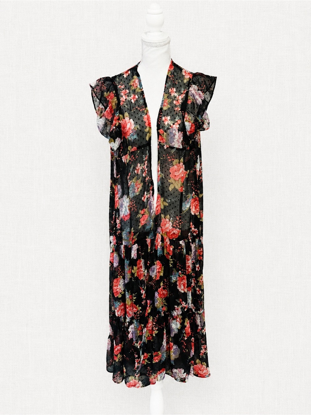 Betsey Johnson Black Floral Sheer Maxi Duster with Bright Accent Print